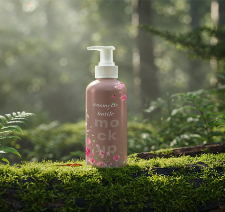 Cosmetic pump bottle mockup on moss with natural sunlight