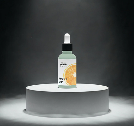 Free smoky spotlight dropper bottle mockup on pedestal