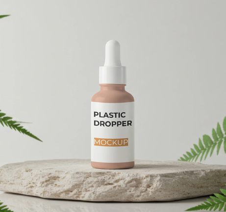 Free dropper bottle mockup on stone base with green leaves
