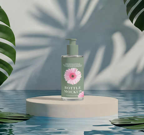 Free floating skincare bottle tropical mockup with water reflections