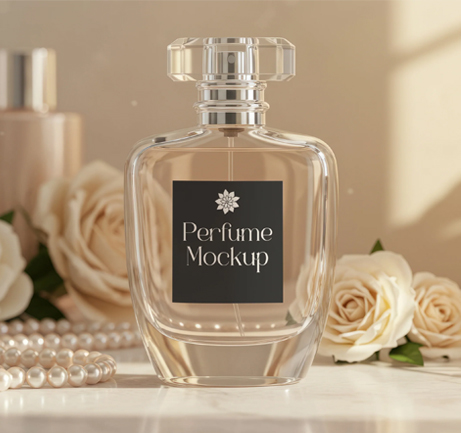 Free perfume bottle on vanity mockup with roses and pearls