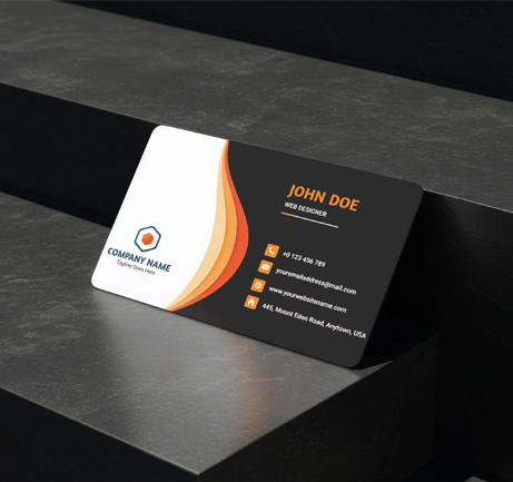 Free business card on dark steps mockup with clean shadows