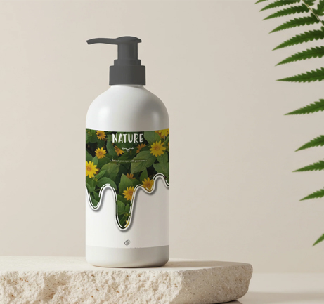 Free pump shampoo bottle mockup on stone pedestal with ferns