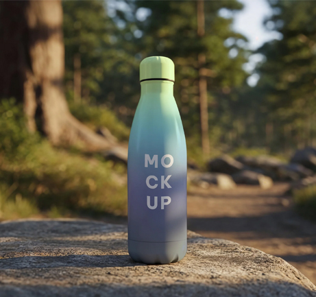Free water bottle mockup on rock in forest trail