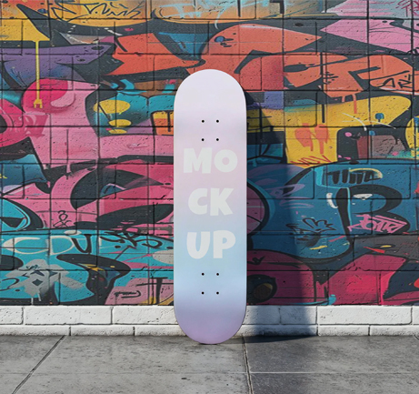 Free skateboard deck mockup against colorful graffiti wall