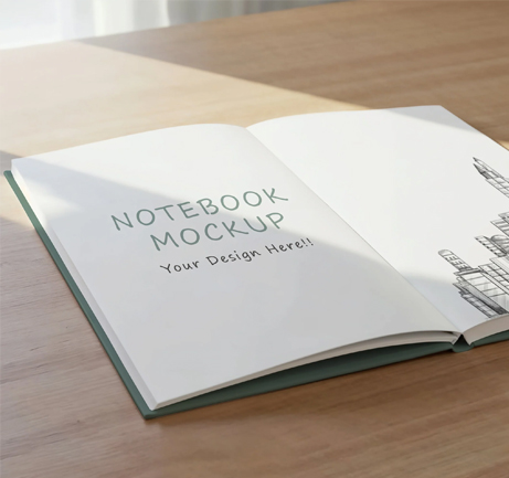 Free notebook and pen on desk mockup with natural light