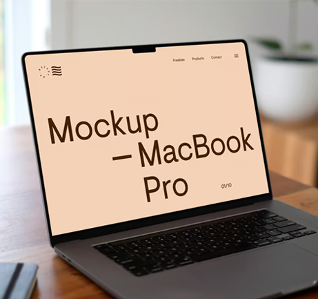 Free MacBook Pro on wooden desk mockup with natural light